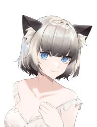 Rule 34 | 12424 24, 1girl, absurdres, animal ear fluff, animal ears, bare shoulders, breasts, cat ears, cat girl, collarbone, commentary, commission, dress, english commentary, from above, highres, indie virtual youtuber, looking at viewer, looking up, medium breasts, nanasae (vtuber), second-party source, smile, solo, virtual youtuber, white background, white dress