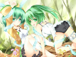 Rule 34 | 2girls, all fours, arms up, barefoot, breasts, choker, duel monster, familiar-possessed - wynn, forest, green eyes, green hair, hair ornament, highres, impossible clothes, impossible shirt, kouusagi, long hair, multiple girls, nature, open mouth, pentacle, rabbit, restrained, robe, shirt, siblings, sisters, sitting, skirt, smile, stuffed animal, stuffed rabbit, stuffed toy, tareme, winda (yu-gi-oh!), winda priestess of gusto, wynn (yu-gi-oh!), wynn the wind charmer, wynnda miko of the gusta, yu-gi-oh!, yu-gi-oh! duel monsters