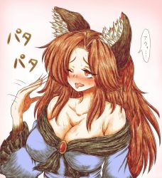 Rule 34 | 1girl, animal ears, bare shoulders, blush, breasts, brooch, brown hair, cleavage, collarbone, dress, female focus, fingernails, gradient background, hot, imaizumi kagerou, jewelry, large breasts, long hair, one eye closed, open mouth, red eyes, solo, speech bubble, sweat, tongue, tongue out, touhou, translated, wolf ears, ziogon