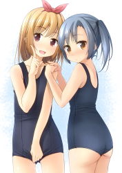 Rule 34 | 2girls, ass, blonde hair, blue one-piece swimsuit, blush, bow, brown eyes, cowboy shot, female focus, flat chest, hair bow, highres, looking at viewer, multiple girls, one-piece swimsuit, open mouth, original, red bow, shibacha, side ponytail, silver hair, standing, swimsuit