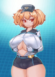 Rule 34 | 1girl, absurdres, blush, breasts, cerberus (last origin), cleavage, curvy, frown, hat, highres, huge breasts, last origin, looking at viewer, mole, mole under eye, mu inochi, orange hair, red eyes, short shorts, shorts, shortstack, solo, standing, sweat, thick thighs, thighs, twintails, wavy mouth, wide hips