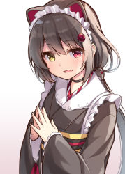 Rule 34 | 1girl, animal ears, black choker, black hair, black kimono, brown background, choker, commentary, dog ears, dog hair ornament, fang, gradient background, hair between eyes, hair ornament, heterochromia, inui toko, japanese clothes, kimono, long hair, long sleeves, low twintails, maid, maid headdress, nijisanji, obi, ominaeshi (takenoko), open mouth, red eyes, sash, sleeves past wrists, solo, steepled fingers, twintails, upper body, very long hair, virtual youtuber, wa maid, white background, wide sleeves, yellow eyes