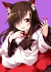Rule 34 | 1girl, animal ear fluff, animal ears, ascot, black ascot, brooch, brown hair, cowboy shot, dress, fingernails, hair over one eye, highres, imaizumi kagerou, jewelry, long fingernails, long sleeves, looking at viewer, multicolored clothes, multicolored dress, nail polish, open mouth, purple background, red dress, red eyes, red nails, ruu (tksymkw), simple background, smile, solo, standing, touhou, two-tone dress, white dress, wide sleeves, wolf ears