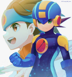 Rule 34 | 2boys, :d, artist name, battle chip, blue bodysuit, blue headband, blue headwear, bodysuit, brown eyes, brown hair, clenched hand, closed mouth, commentary request, dated, green eyes, grey background, halftone, headband, helmet, highres, holding, lan hikari (mega man), looking to the side, male focus, mega man (series), mega man battle network, mega man battle network (series), megaman.exe, multiple boys, netnavi, open mouth, orange vest, short hair, smile, teeth, turtleneck, twitter username, upper body, upper teeth only, vest, zero-go