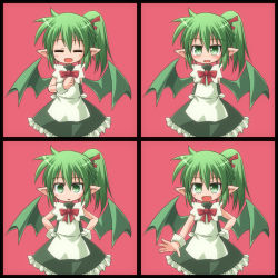 Rule 34 | = =, arms behind back, blush, bow, closed eyes, dorako, expressions, flat chest, green eyes, green hair, hand on own hip, hands on own hips, kso, looking at viewer, maid, pointy ears, red background, short hair, side ponytail, simple background, smile, viprpg, wings