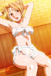 Rule 34 | arms behind head, arms up, blush, breasts, brown eyes, double bun, dutch angle, hayasaka akira, light brown hair, medium breasts, naked towel, navel, official art, open mouth, sitting, super real mahjong, super real mahjong p5, tanaka ryou, tied towel, towel, wet