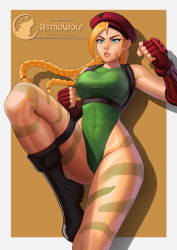 Rule 34 | 1girl, abs, artist logo, artist name, astrowolf, bare shoulders, beret, black footwear, blonde hair, blue eyes, boots, braid, breasts, brown background, cammy white, camouflage, curvy, facial scar, fingerless gloves, gloves, green leotard, groin, hat, highleg, highleg leotard, highres, knee up, large breasts, leotard, long bangs, long hair, red gloves, red hat, scar, scar on cheek, scar on face, street fighter, street fighter v, thigh strap, thighs, twin braids, very long hair, wide hips
