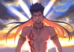 Rule 34 | 1boy, abs, alternate costume, alternate hairstyle, armlet, bare shoulders, blue hair, bodypaint, choker, closed mouth, cloud, colored inner hair, cu chulainn (fate), day, earrings, eilinna, fate/stay night, fate (series), floating hair, glint, grin, hair down, jewelry, cu chulainn (fate/stay night), long hair, looking at viewer, male focus, multicolored hair, nipples, outdoors, pectorals, red eyes, topless male, sky, smile, solo, spiked hair, sun, sunlight, type-moon