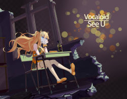 Rule 34 | 1girl, animal ears, bad id, bad pixiv id, blonde hair, blue eyes, chair, character name, copyright name, desk, english text, female focus, headset, highres, long hair, seeu, shoes, sitting, skirt, solo, thighhighs, vocaloid, white thighhighs, yunamul, zettai ryouiki