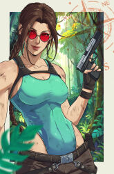 Rule 34 | 1girl, belt, blue leotard, braid, breasts, brown belt, brown eyes, brown gloves, brown hair, cleavage, collarbone, commission, compass, covered navel, fingerless gloves, gloves, gun, handgun, highres, holding, holding gun, holding weapon, jhony caballero, lara croft, leotard, long hair, looking to the side, medium breasts, red-tinted eyewear, smile, solo, sunglasses, tinted eyewear, tomb raider, very long hair, weapon