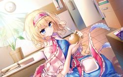 Rule 34 | 1girl, absurdres, alice margatroid, artist name, blonde hair, blue dress, blue eyes, blush, capelet, clock, closed mouth, commission, dress, food, fruit, hairband, highres, holding, holding food, holding fruit, holding knife, knife, lolita hairband, pear, pudding (skymint 028), red hairband, short hair, signature, smile, solo, touhou, wall clock, white capelet
