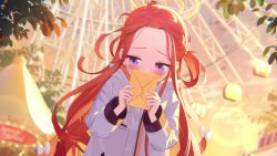 Rule 34 | 1girl, amusement park, animated, blue archive, blush, child, ferris wheel, hair ribbon, halo, highres, holding, holding letter, jacket, letter, long hair, messy hair, official art, oversized clothes, purple eyes, red hair, ribbon, screencap, shy, very long hair, video, video, white jacket, yuzu (blue archive)