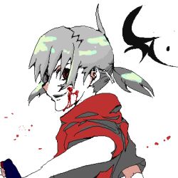 Rule 34 | 1boy, aoiaka (blueled), blood, blood on face, grin, looking at viewer, looking back, lowres, male focus, oekaki, ponytail, red eyes, silver hair, smile, solo, zaregoto series, zerozaki hitoshiki