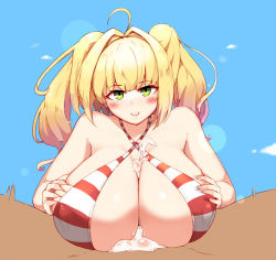 Rule 34 | 10s, 1boy, 1girl, ahoge, bikini, blonde hair, blush, breasts, breasts squeezed together, cleavage, cum, cum on body, cum on breasts, cum on upper body, fate/extra, fate/grand order, fate (series), green eyes, hetero, huge breasts, kion-kun, long hair, long twintails, looking at viewer, nero claudius (fate), nero claudius (fate) (all), nero claudius (fate/extra), nero claudius (swimsuit caster) (fate), outdoors, paizuri, red bikini, smile, solo focus, striped bikini, striped clothes, swimsuit, twintails