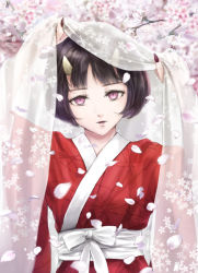 Rule 34 | 1girl, black hair, blunt bangs, branch, cherry blossoms, commentary request, fangs, fingernails, hands up, head tilt, horns, japanese clothes, kimono, looking at viewer, nail polish, nuwanko, oni, original, parted lips, pink eyes, red kimono, red nails, sash, sharp fingernails, short hair, slit pupils, solo, tree, upper body, veil