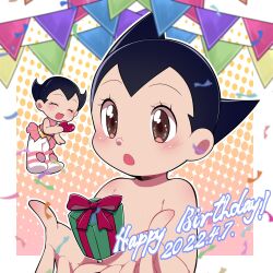 Rule 34 | 1boy, 1girl, 2022, atom (tetsuwan atom), black hair, blush, brother and sister, chaimaou, gift, happy birthday, heart, highres, no humans, open mouth, pointy hair, robot, siblings, smile, tetsuwan atom, uran (tetsuwan atom)
