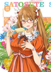 Rule 34 | 1girl, 2016, artist name, bow, brown hair, comiket, dress, earrings, flower, flower request, food, glasses, hair bow, jewelry, looking at viewer, orange dress, original, popsicle, red-framed eyewear, solo, twintails, watch, wristwatch, yamaguchi satoshi