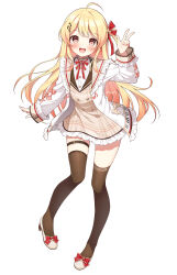 Rule 34 | 1girl, :d, arm up, beamed eighth notes, black sailor collar, blonde hair, blush, bow, brown dress, brown eyes, brown thighhighs, commentary request, dress, eighth note, fortissimo, frilled dress, frilled jacket, frilled sleeves, frills, full body, hair ornament, high heels, highres, hololive, hololive dev is, jacket, long hair, looking at viewer, mauve, musical note, musical note hair ornament, open clothes, open jacket, open mouth, otonose kanade, plaid, plaid dress, red bow, sailor collar, shirt, shoes, simple background, smile, solo, thighhighs, very long hair, virtual youtuber, w, white background, white footwear, white jacket, white shirt