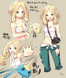 Rule 34 | !, 10s, 1girl, 2016, :d, = =, alternate costume, alternate hairstyle, aqua eyes, beige background, bikini, bikini top only, blonde hair, blush, breasts, camera, chibi, cleavage, closed mouth, creatures (company), crop top, dated, game freak, gen 3 pokemon, gym leader, hair ornament, halterneck, highres, looking at viewer, midriff, multiple views, navel, nintendo, open mouth, outstretched arm, palms, pants, pokemon, pokemon (creature), pokemon xy, ponytail, sidelocks, simple background, sleeveless, smile, sparkle, stomach, surskit, sweatdrop, swimsuit, tank top, underwear, viola (pokemon), white bikini, xe-cox