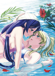 Rule 34 | 10s, 2girls, ayase eli, bandana, bikini, blonde hair, blue eyes, blush, breast press, breasts, earrings, eye contact, face-to-face, fukutarou (enji127), girl on top, green eyes, jewelry, large breasts, long hair, looking at another, love live!, love live! school idol project, lying, multiple girls, natsuiro egao de 1 2 jump!, on back, partially submerged, petals, ponytail, purple hair, short hair, smile, star (symbol), star earrings, swimsuit, tojo nozomi, twintails, yuri