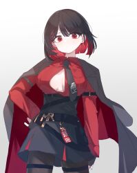 Rule 34 | 1girl, belt, black coat, black hair, black skirt, black survival, breast pocket, breasts, brown pantyhose, closed mouth, coat, coat on shoulders, collared shirt, colored inner hair, cowboy shot, eternal return: black survival, expressionless, hand on own hip, high-waist skirt, highres, large breasts, long sleeves, looking at viewer, marlene (black survival), multicolored hair, necktie, no bra, open clothes, open coat, open shirt, pantyhose, pocket, red eyes, red hair, red shirt, retri, shirt, shirt tucked in, short hair, simple background, skirt, solo, standing, thigh strap, white background