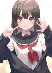 Rule 34 | 1girl, black eyes, black sailor collar, blush, brown hair, closed mouth, commentary, english commentary, hands up, kanzi, long sleeves, looking at viewer, original, red neckwear, sailor collar, school uniform, serafuku, short hair, solo, white background