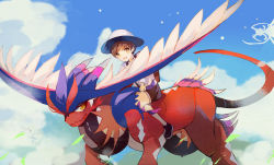 Rule 34 | 1boy, above clouds, absurdres, black footwear, brown eyes, brown hair, cloud, commentary request, creatures (company), day, florian (pokemon), flying, game freak, hat, highres, koraidon, looking at viewer, male focus, nintendo, open mouth, outdoors, pokemon, pokemon (creature), pokemon sv, riding, riding pokemon, shirt, shoes, short hair, shorts, sitting, sky, smile, white headwear, xuerenxiansheng