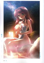 Rule 34 | 1girl, absurdres, alternate hairstyle, blush, breasts, covering privates, d:, fence, green eyes, highres, large breasts, long hair, milky way, minakawa sui, naked towel, natsuzora no perseus, nipples, nude cover, onsen, open mouth, red hair, sitting, solo, star (sky), takasaki mako, towel, water, wooden fence