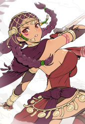 Rule 34 | 1girl, alternate hairstyle, braid, breasts, brown eyes, capelet, dark-skinned female, dark skin, dual wielding, facial mark, fire emblem, fire emblem: three houses, fire emblem warriors, fire emblem warriors: three hopes, gloves, gonzarez, hair ornament, highres, holding, holding weapon, intelligent systems, jewelry, large breasts, long hair, looking at viewer, nintendo, official alternate costume, official alternate hairstyle, open mouth, petra macneary, purple capelet, purple hair, simple background, solo, sword, thighs, weapon