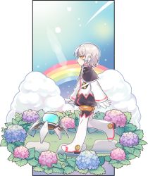 Rule 34 | 1girl, android, another code (elsword), artist request, black capelet, blue flower, boots, capelet, cloud, elsword, eve (elsword), facial mark, flower, forehead jewel, gloves, grey hair, hydrangea, jacket, light rays, long sleeves, official art, out of frame, outside border, path, pink flower, purple flower, rainbow, road, robot, robot ears, solo, tattoo, walking, white jacket