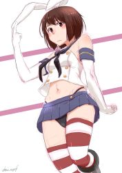 Rule 34 | 1girl, black neckerchief, black panties, blue sailor collar, blue skirt, brown hair, cosplay, cowboy shot, crop top, elbow gloves, embarrassed, gloves, highleg, highleg panties, highres, hyuuga (kancolle), kantai collection, kote (dew), looking at viewer, microskirt, miniskirt, neckerchief, one-hour drawing challenge, panties, red eyes, sailor collar, shimakaze (kancolle), shimakaze (kancolle) (cosplay), short hair, skirt, solo, striped clothes, striped thighhighs, thighhighs, underwear, white gloves