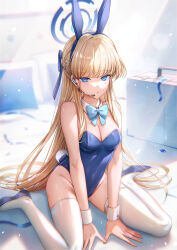 Rule 34 | 1girl, absurdres, animal ears, blonde hair, blue archive, blue bow, blue bowtie, blue eyes, blue footwear, blue halo, blue leotard, blush, bow, bowtie, breasts, detached collar, earpiece, fake animal ears, fake tail, groin, halo, high heels, highres, leotard, long hair, looking at viewer, medium breasts, official alternate costume, parted lips, rabbit ears, rabbit tail, solo, strapless, strapless leotard, tail, thighhighs, toki (blue archive), toki (bunny) (blue archive), tsugutoku, white thighhighs, wrist cuffs
