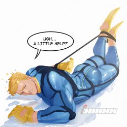 Rule 34 | 1boy, artist name, bara, blonde hair, blue bodysuit, bodysuit, bound ankles, diving suit, fins, flippers, gloves, highres, large pectorals, looking back, lying, male focus, muscular, muscular male, on stomach, oricalcon, overwatch, overwatch 1, pectorals, short hair, soldier: 76 (overwatch), solo, star (symbol), teeth, thick thighs, thighs, water, yellow gloves