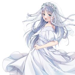 Rule 34 | 168 azusa, 1girl, :d, absurdres, alternate costume, bare shoulders, bridal veil, commentary request, dress, from side, green eyes, grey hair, head wreath, highres, index (toaru majutsu no index), light blush, long hair, looking at viewer, off-shoulder dress, off shoulder, open mouth, short sleeves, skirt hold, smile, solo, toaru majutsu no index, veil, wedding dress, white background, white dress, white veil
