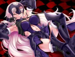 Rule 34 | 1girl, ahoge, arm behind head, armor, armored dress, armpits, black gloves, blush, breasts, chain, cle masahiro, cleavage, dress, fate/apocrypha, fate/grand order, fate (series), fur-trimmed gloves, fur-trimmed legwear, fur trim, gauntlets, gloves, greaves, grin, hand up, headpiece, highres, jeanne d&#039;arc (fate), jeanne d&#039;arc alter (avenger) (fate), jeanne d&#039;arc alter (avenger) (third ascension) (fate), jeanne d&#039;arc alter (fate), knee up, large breasts, long hair, looking at viewer, lying, navel, on back, pinky out, silver hair, smile, solo, stomach, thighhighs, tsurime, yellow eyes