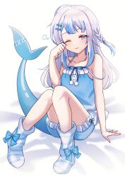 Rule 34 | 1girl, absurdres, arm support, blue eyes, blue hair, blush, braid, fins, fish hair ornament, fish tail, frilled shorts, frills, gawr gura, hair ornament, half-closed eyes, hand up, highres, hololive, hololive english, knees up, long hair, looking to the side, multicolored hair, one eye closed, pajamas, pom pom (clothes), ribbon, rubbing eyes, shark girl, shark tail, shorts, side braid, sitting, squeans, sleeveless, socks, solo, spaghetti strap, strap slip, striped clothes, striped socks, tail, tank top, tsumurimai, virtual youtuber, wavy mouth, white hair