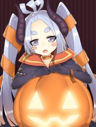 Rule 34 | 1girl, black gloves, blue hair, blush stickers, character request, choker, elbow gloves, fang, gloves, halloween, head tilt, highres, horns, jack-o&#039;-lantern, long hair, looking at viewer, nezuko, open mouth, orange choker, parted bangs, pumpkin, purple eyes, sengoku bushouki muramasa, solo, striped, striped background, thick eyebrows, topknot, twintails