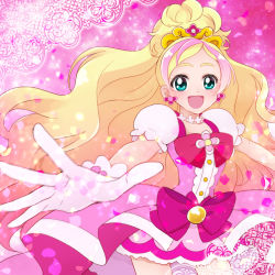 Rule 34 | 1girl, :d, bad id, bad pixiv id, blonde hair, bow, cowboy shot, cure flora, earrings, flower, flower earrings, flower necklace, gloves, go! princess precure, green eyes, haruno haruka, jewelry, long hair, magical girl, multicolored hair, nako (hesibe118), necklace, open mouth, pink background, pink bow, pink hair, pink skirt, pink theme, precure, skirt, smile, solo, streaked hair, two-tone hair, waist bow, white gloves