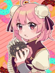 Rule 34 | 1girl, :t, ahoge, bandages, bandaged arm, bandaged hand, bandages, black ribbon, blush stickers, brown dress, bun cover, commentary request, diagonal stripes, double bun, doughnut, dress, food, food on face, hands up, holding, holding food, ibaraki kasen, parted lips, pink background, pink hair, puffy short sleeves, puffy sleeves, red eyes, ribbon, short sleeves, sleeveless, sleeveless dress, solo, striped, striped background, sweat, touhou, upper body, yamase