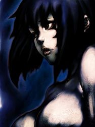Rule 34 | 1girl, black eyes, blue hair, breasts, fang, female focus, fumio (rsqkr), gradient background, large breasts, short hair, solo