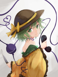 Rule 34 | 1girl, bare shoulders, green eyes, green hair, hat, hat ribbon, heart, heart of string, highres, holding, holding phone, knife, komeiji koishi, long sleeves, looking at viewer, looking to the side, lumo 1121, matching hair/eyes, off shoulder, phone, ribbon, short hair, smile, solo, third eye, touhou, upper body, wide sleeves