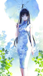 Rule 34 | 1girl, black hair, blue dress, blue eyes, blue hair, breasts, china dress, chinese clothes, closed mouth, colored inner hair, commentary, dress, feet out of frame, floral print, highres, holding, holding umbrella, long hair, looking at viewer, medium breasts, multicolored hair, nardack, original, plant, print dress, short sleeves, solo, standing, symbol-only commentary, umbrella, very long hair