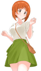 Rule 34 | 1girl, bag, blush, brown eyes, brown hair, carrying, casual, closed mouth, cowboy shot, girls und panzer, green skirt, handbag, head tilt, highres, jewelry, ken 2d, looking at viewer, miniskirt, necklace, nishizumi miho, shirt, short hair, short sleeves, simple background, skirt, solo, standing, white background, white shirt