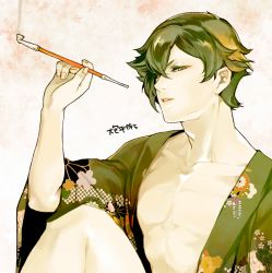 Rule 34 | 10s, 1boy, alternate costume, collarbone, floral print, green eyes, green hair, half-closed eyes, japanese clothes, kimono, kiseru, knee up, looking at viewer, male focus, matching hair/eyes, open clothes, parted lips, personification, smoking pipe, simple background, smoke, snj, solo, touken ranbu, traditional clothes, uguisumaru, upper body, yukata