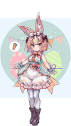 Rule 34 | :3, animal ears, back bow, bare shoulders, blue bow, blue bowtie, blue pantyhose, blue shirt, blue wrist cuffs, blush, boots, bow, bowtie, brown bow, brown eyes, brown footwear, carrot, center frills, domestic rabbit (kemono friends), frilled gloves, frilled shirt, frills, full body, gloves, hair between eyes, hair bow, highres, kemono friends, kemono friends 3, kolshica, light brown hair, multicolored hair, official alternate costume, pantyhose, pink bow, pink bowtie, pink shirt, rabbit ears, rabbit girl, shirt, short hair, sidelocks, sleeveless, spoken symbol, striped clothes, striped pantyhose, striped shirt, two-tone bowtie, two-tone pantyhose, vertical-striped clothes, vertical-striped pantyhose, vertical-striped shirt, white bow, white gloves, white hair, white pantyhose, white shirt, wrist cuffs