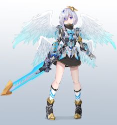 Rule 34 | 1girl, amane kanata, angel, angel wings, armor, armored boots, blue eyes, bob cut, boots, colored inner hair, energy sword, feathered wings, full body, gradient background, grey hair, halo, highres, hololive, kneehighs, miniskirt, multicolored hair, multiple wings, sakuraosmanthus, serious, single hair intake, skirt, socks, solo, star halo, sword, two-tone hair, virtual youtuber, weapon, wings