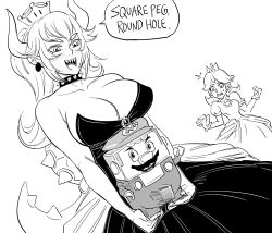 Rule 34 | 1boy, 2girls, :d, ^^^, annoyed, bad id, bb (baalbuddy), blush, bowsette, breasts, bulge, cleavage, collar, commentary, crown, dress, english commentary, euphemism, gloves, greyscale, hands up, highres, holding, horns, inactive account, large breasts, lego, lego mario, lego super mario, long hair, mario, mario (series), monochrome, multiple girls, nintendo, open mouth, ponytail, princess daisy, sharp teeth, simple background, smile, spiked collar, spiked tail, spikes, super crown, sweat, tail, teeth, turtle shell, upper teeth only, white background, wide-eyed