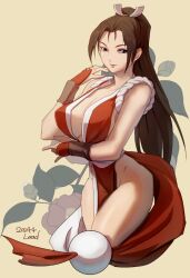 Rule 34 | 1girl, bare shoulders, breasts, brown hair, closed mouth, cowboy shot, dated, fatal fury, fatal fury: city of the wolves, floral background, hair ribbon, large breasts, long hair, looking at viewer, ninja, osanpogakari, parted bangs, pelvic curtain, plunging neckline, ponytail, revealing clothes, ribbon, shiranui mai, solo, thighs, white ribbon, yellow background