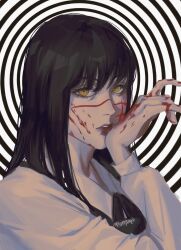Rule 34 | 1girl, black hair, black ribbon, blood, blood on face, blood on hands, chainsaw man, collared shirt, facial scar, highres, long hair, looking at viewer, neck ribbon, ribbon, ringed eyes, scar, scar on cheek, scar on face, shirt, solo, spiral, sudstance, twitter username, two-tone background, wiping blood, yellow eyes, yoru (chainsaw man)