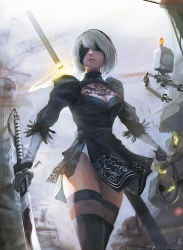 Rule 34 | 1girl, aimedz, artist name, black dress, black footwear, black gloves, black thighhighs, boots, breasts, cleavage, cleavage cutout, clenched hand, closed mouth, clothing cutout, covered eyes, crane (machine), deviantart username, dress, facing viewer, gloves, grey sky, highres, holding, holding sword, holding weapon, juliet sleeves, leotard, light smile, lips, long sleeves, medium breasts, mole, mole under mouth, nier (series), nier:automata, puffy sleeves, revision, short hair, sky, solo, sword, thigh boots, thighhighs, thighhighs under boots, turtleneck, vambraces, watermark, weapon, web address, white hair, white leotard, 2b (nier:automata), 9s (nier:automata)